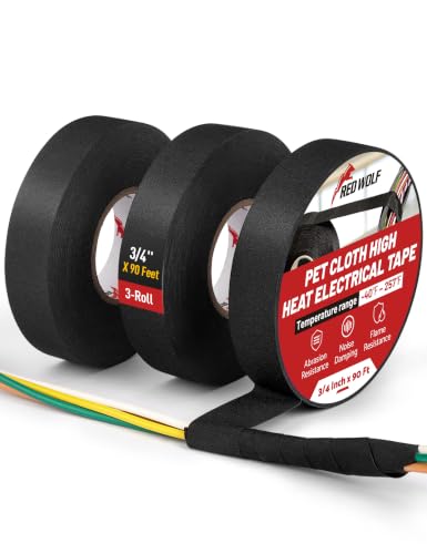 RED WOLF Noise Damping PET Electrical Wire Tape 3/4 Inch x 90 Feet 3 Rolls High Heat Abrasion Resistance Self-Adhesive Fabric Cloth Tape Wrap Wiring for Automotive Engines Cable Protection - size: 3/4 inch - 90 Ft (3-Pack)