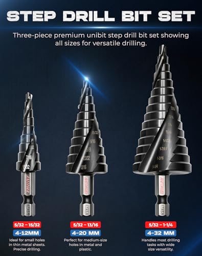 Unibit Step Drill Bit Set (3-Piece) M35 Cobalt HSS TiAlN - Up to 1-1/4" (32mm Max) – Spiral Groove for Stainless Steel, Sheet Metal & Plastic, 1/4" Hex Shank, Aluminum Case