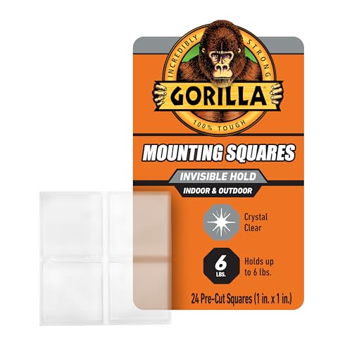 GORILLA Invisible Hold Double Sided Tape, 24 Pre-Cut 1" Mounting Squares