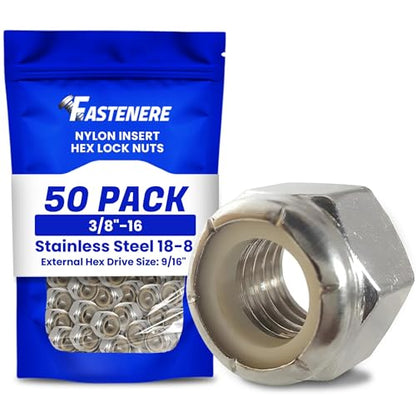 Fastenere Nylon Insert Hex Lock Nuts - 3/8"-16 Stainless Steel 18-8, Plain Finish, Corrosion-Resistant, Durable Hardware Nuts for Secure Fastening, Locking Nut, (50-Pack) - size: 3/8-16 (50 Pack)