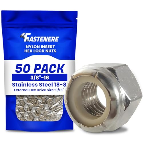 Fastenere Nylon Insert Hex Lock Nuts - 3/8"-16 Stainless Steel 18-8, Plain Finish, Corrosion-Resistant, Durable Hardware Nuts for Secure Fastening, Locking Nut, (50-Pack) - size: 3/8-16 (50 Pack)