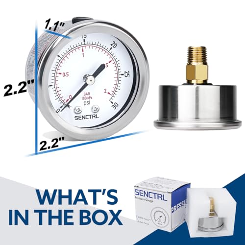 SENCTRL 0-30 Psi Low Pressure Gauge, 1/4" NPT Back Mount - size: 0-30Psi, style: Back Mount
