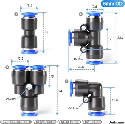 TAILONZ PNEUMATIC 6MM OD Push to Connect Fittings Pneumatic Fittings Kit 8 Spliters+10 Elbows+8 tee+10 Straight (36 pcs) - color: Blue, size: 6MM OD/36PCS