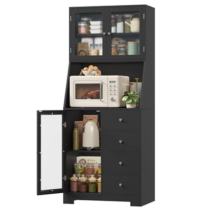 BOTLOG 64'' Kitchen Pantry Storage Cabinet, Tall Kitchen Storage Cabinet with Microwave Stand, Hutch Cabinet with Adjustable Shelves, for Dining Room, Black - color: Black