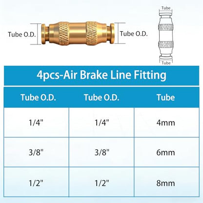 1/4" DOT Brass Push to Connect Air Brake Fitting, 4 Pack Pneumatic Tube Union Connector, 1/4 Inch Tube OD Push-in Fitting for Truck Trailer Air Lines & Industrial Piping Systems - size: 1/4inch