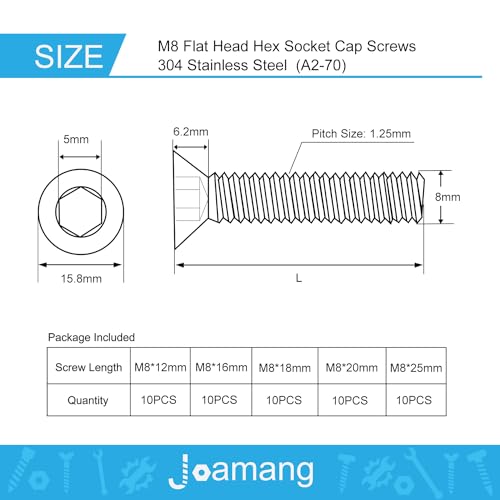 M8 x 12mm 16mm 18mm 20mm 25mm Flat Head Hex Socket Cap Screws Countersunk Bolts, Stainless Steel 304, Metric Allen Drive, Bright Finish, Fully Threaded, Assortment Kit 50PCS - size: M8 x12/16/18/20/25 mm