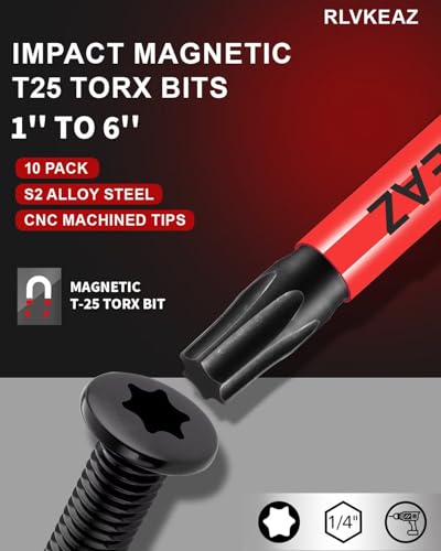 10-PCS T25 Torx Bits for Impact Driver 1 to 6-in Long T 25 Bit Set - style: 10-PCS T25 Torx Bits 1'' to 6'' Long, T-25 Torx Bit Set Premium Solid S2 Steel