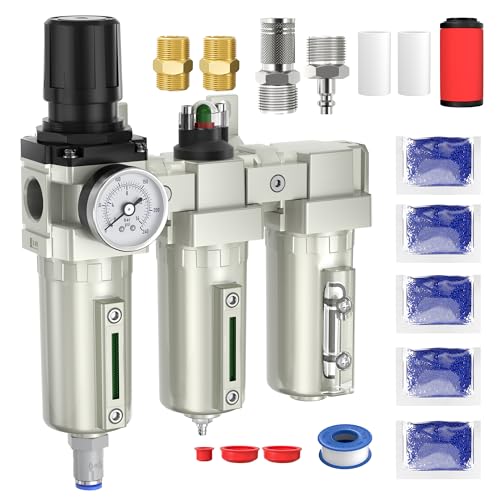 3/4" NPT Air Compressor Water Separator, Industrial Grade 3 Stage Air Drying System with 0-240 PSI Air Regulator, Particulate Filter, Coalescing Filter, Desiccant Dryer, Metal Bowl, Auto Drain - size: 3/4NPT