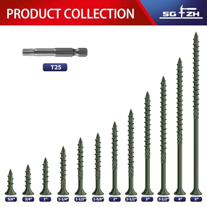 #8 x 1 Inch Deck Screws (470Pcs) 2lb. Carbon Steel, Green, Flat Head, Rust Resistant epoxy Coated, with T25 Star Bit - color: Green, size: #8 x 1"