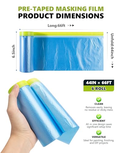 Pre-taped Automotive Masking Film for Painting - 44" x 66', 6 Rolls - color: Blue, size: 6 Roll of 44" x 66'
