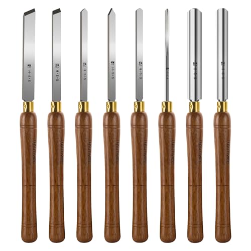 HAUTMEC Expert Wood Lathe Chisel Set 8 PCS, M2 HSS Wood Turning Tools with Teak Handles & Portable Storage Bag, Roughing Gouge, Skew, Parting, Scraper, for Beginners & Professionals - HTWCH25028 - style: HSS Blade | Teak Handle