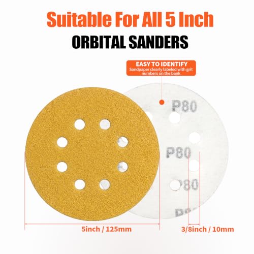 5-Inch 8-Hole Hook and Loop Sanding Discs 120-Grit, 200-Pack, Premium Random Orbital Sandpaper for Woodworking or Automotive
