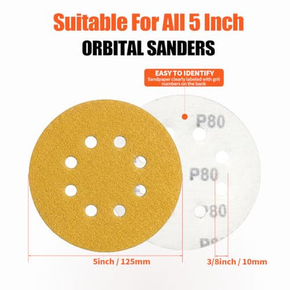 5-Inch 8-Hole Hook and Loop Sanding Discs 120-Grit, 200-Pack, Premium Random Orbital Sandpaper for Woodworking or Automotive