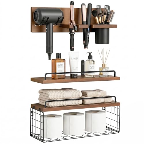 3-Tier Bathroom Floating Shelves with Hair Dryer Holder, Brown - color: Brown