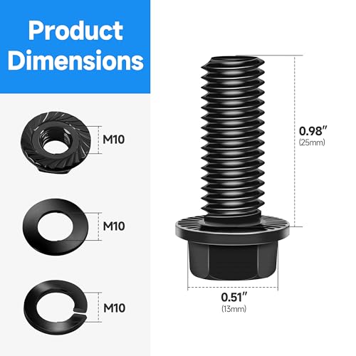 (10Sets) M10 Bolt x 25mm Flanged Hex Head Bolts, External Flange Hex Drive M8 Screws, Class 10.9 Black Zinc Plated Alloy Steel Metric M10x1.5 Bolts Kit - color: Black-M10, size: 25mm