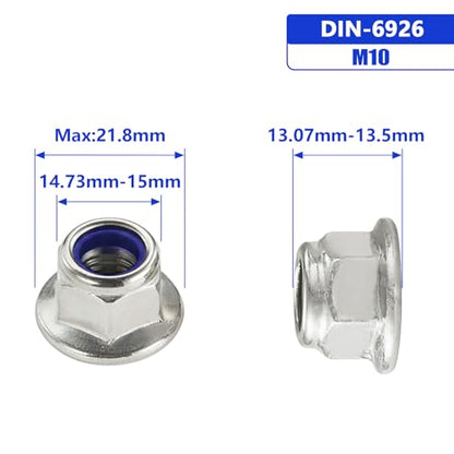 M10-1.5 Flange Nylon Insert Lock Nuts, 18-8 Stainless Steel 304, Pack of 10 - size: M10