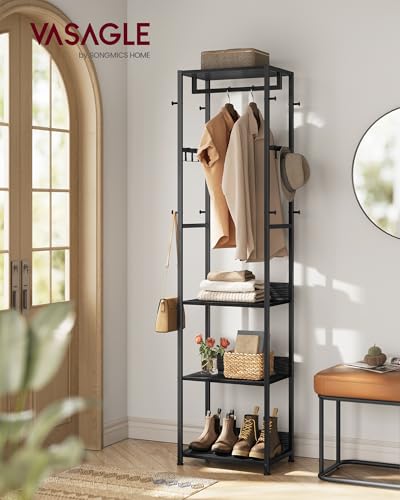VASAGLE Freestanding Coat Rack, Hall Tree with Shelves, Steel Frame - color: Ink Black + Charcoal Gray, style: Industrial