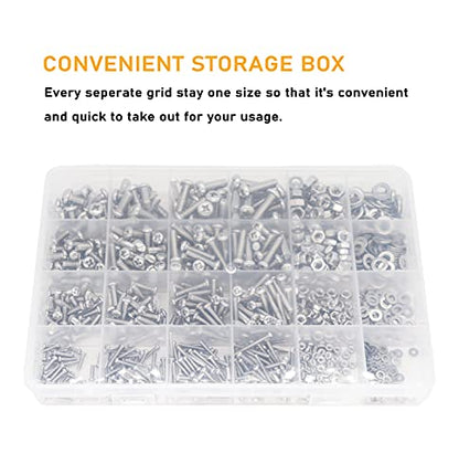 940pcs M2 M3 M4 M5 Hex Nuts Screws Bolts and Washers Assortment Kit, 304 Stainless Steel, Plain Finish, Full Thread - size: M2 M3 M4 M5 940pcs (Pan Head-304)