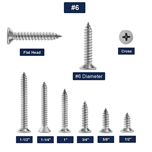 #6 x 1-1/4" Wood Screw 100Pcs 18-8 (304) Stainless Steel Screws Flat Head Phillips Fast Self Tapping Drywall Screws by SG TZH - size: #6 x 1-1/4"