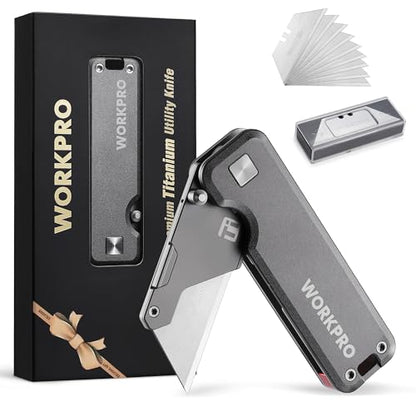 WORKPRO Premium Titanium Utility Knife, CNC Unibody, Lightweight Aluminium Handle Folding Box Cutter, Quick Change Blade Razor Knife,Ideal Gifts for Men Women, with 10 Extra Blades - color: Gray