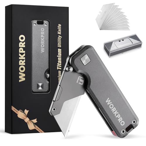 WORKPRO Premium Titanium Utility Knife, CNC Unibody, Lightweight Aluminium Handle Folding Box Cutter, Quick Change Blade Razor Knife,Ideal Gifts for Men Women, with 10 Extra Blades - color: Gray