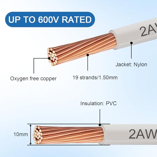 THHN Wire 2 Gauge 25 FT, 2 AWG Stranded OFC Copper Electrical Building Wire with Nylon Jacket PVC Insulation, Rated 600V for Residential, Industrial, CNC, Ground (2 Gauge, White) - color: White, size: 2AWG 25FT
