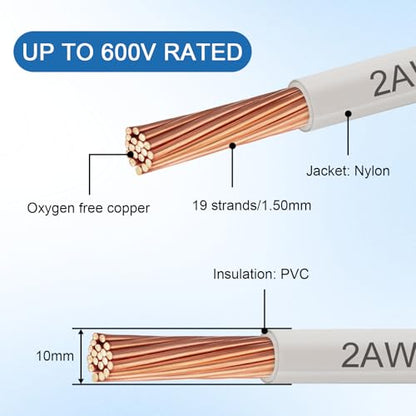 THHN Wire 2 Gauge 25 FT, 2 AWG Stranded OFC Copper Electrical Building Wire with Nylon Jacket PVC Insulation, Rated 600V for Residential, Industrial, CNC, Ground (2 Gauge, White) - color: White, size: 2AWG 25FT