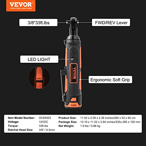 VEVOR 3/8" Cordless Electric Ratchet Wrench Set, 33 Ft-lbs 12V Power Ratchet Tool Kit with 45-Min Fast Charge, 2-Pack 2.0Ah Battery, Built-in LED Light, Variable Speed Trigger, 10 Sockets - size: 11.02 in, style: Standard