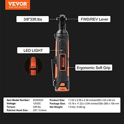 VEVOR 3/8" Cordless Electric Ratchet Wrench Set, 33 Ft-lbs 12V Power Ratchet Tool Kit with 45-Min Fast Charge, 2-Pack 2.0Ah Battery, Built-in LED Light, Variable Speed Trigger, 10 Sockets - size: 11.02 in, style: Standard