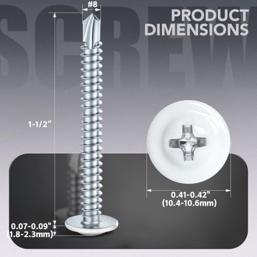 100 PCS #8 x 1-1/2" Sheet Metal Screws, Phillips Modified Truss Head Self Drilling Screws, Zinc-Plated, White Head Self Tapping Screws for Metal, Wood, Plastic, Double-Ended Bit Included - color: White, size: #8 x 1-1/2"
