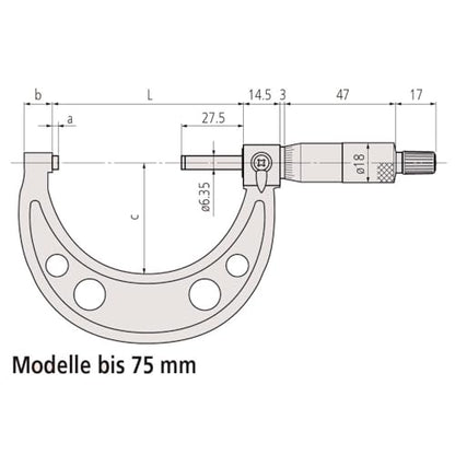 Mitutoyo 103-129 Outside Micrometer, Baked-enamel Finish, Ratchet Stop, 0-25mm Range, 0.001mm Graduation, +/-0.002mm Accuracy