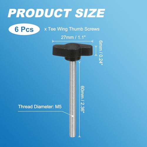 PATIKIL M5 x 60mm Tee Wing Thumb Screws, 6Pcs Carbon Steel Mechanical Handle Bolt Thumb Screws for Remove Replace Hand Clamping Tightening Knobs Power Supply, Black - size: M5 x 60mm
