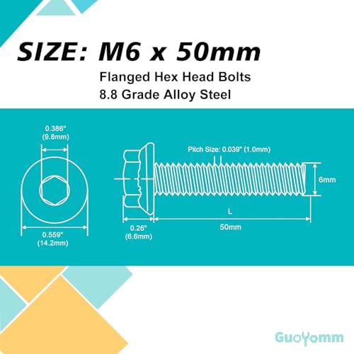 M6 x 50mm 16pcs Flanged Hex Head Bolts, M6 x 1.0 Bolts, Flange Hexagon Head Screws, 8.8 Grade Alloy Steel, Yellow Zinc Plated, Metric Fully Thread - size: M6 x 50mm(16PCS)