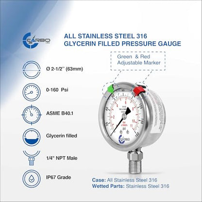 Carbo 160 PSI Liquid Filled Pressure Gauge with NIST Traceable Certificate, Calibrated in USA Lab, 2.5" Dial, 1/4 NPT Lower Mount, ASME Grade A, 316 SS Case, 316 SS Wetted Parts, PSI/Bar - size: 0-160 PSI, style: NIST TRACEABLE