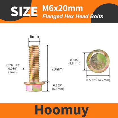 M6 x 20mm 25pcs Heavy Duty Flanged Hex Head Bolts, Flange Hexagon Head Screws, 10.9 Grade Alloy Steel, Yellow Zinc Plated, Metric Fully Thread - size: M6 x 20mm(25pcs)