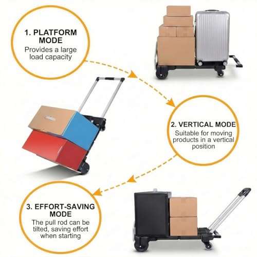 Upgraded 3-in-1 Folding Hand Truck, 500 lbs Capacity Heavy Duty Convertible Dolly Cart with Rubber Wheels, Collapsible Hand Truck with Telescopic Handle, Suitable for Moving, Stair Climbing