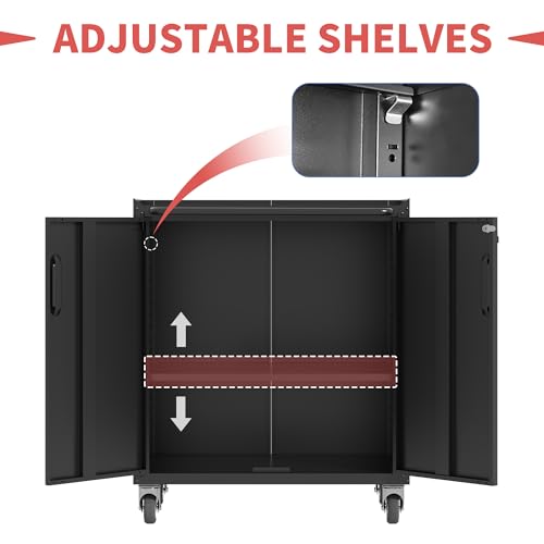 Metal Garage Tool Cabinet with 2 Lockable Doors & Wheels,Black - color: Black, style: 2 doors with wheels