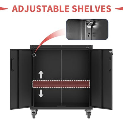 Metal Garage Tool Cabinet with 2 Lockable Doors & Wheels,Black - color: Black, style: 2 doors with wheels