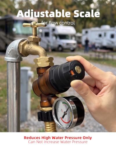 FOCSPROD RV Water Pressure Regulator, Rotatable Scale Adjustable Camper Water Pressure Reducer with Gauge, Inlet Screen Filter for Camper Travel Trailer