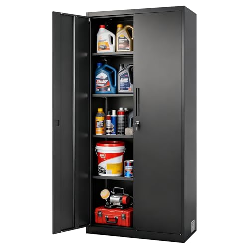 VEVOR Metal Storage Cabinet, Lockable Steel Garage Cabinet with Magnetic Doors and Adjustable Shelves, 2 Keys, 5-Tiers Tall Tool Locker for Home, Office, School, Pantry, Warehouse, Laundry, Black - color: Black, size: 16"D x 32"W x 69"H