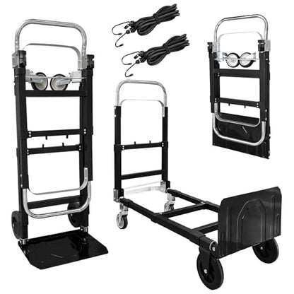 3 in 1 Folding Hand Truck, 600Lbs Capacity, Heavy Duty Collapsible Cart with Retractable Handle and 4 Rubber Wheels, Moving Dolly for Moving Home, Office, Food Service, Shopping Mall, Warehouse - color: Black
