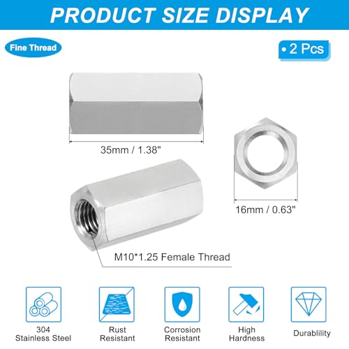 PATIKIL M10x1.25 Pitch 304 Stainless Steel Hex Coupling Nuts, 2 Pcs 35mm / 1.38" Length Fully Threaded Rod Coupling Nut Studding Connector Fasteners, Silver Tone - size: M10-1.25 x 35mm
