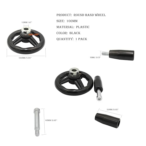 1 Pack Hand Wheel, 12mm × 100mm Hand Wheel with Revolving Handle, Plastic, (Black)