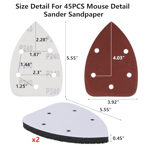 Mouse Sander Sandpaper 45 PCS & 2 Interface Pad, Assorted Sanding Pads 40/80/120/180/240 Grits Detail Sand Paper (5 Hole)