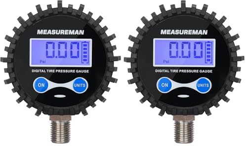 MEASUREMAN 2-1/2" Dial Size Digital Air Pressure Gauge with 1/4'' NPT Bottom Connector and Protective Boot, 0-15psi, Accuracy 1%, Battery Powered (Pack of 2) - size: Long thread (Pack of 2), style: 0-15psi