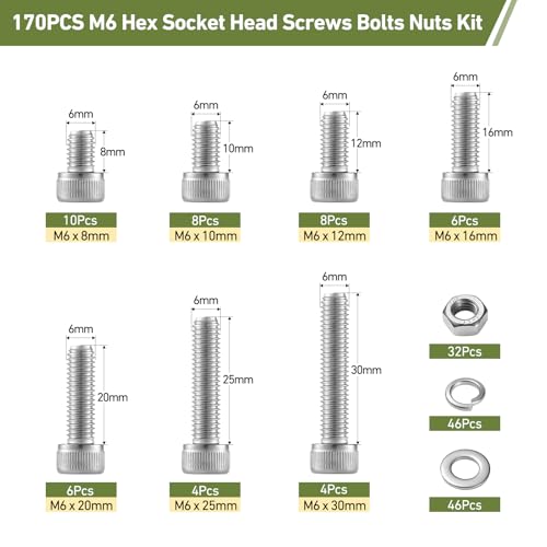 170PCS M6 Screws Assortment Kit, 304 Stainless Steel 18-8 Hex Socket Head Cap Screws Bolts Nuts and Washers Set, M6 x 8/10/12/16/20/25/30mm - size: M6 170PCS Socket SS