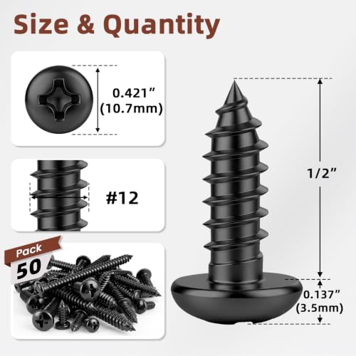 Mellewell #12 x 1/2" Pan Head Self Tapping Screw, Pan Head Sheet Metal Screws Wood Screws, Black Finish Stainless Steel 304 (18-8), 50 Pack - color: Black, size: #12 x 1/2"