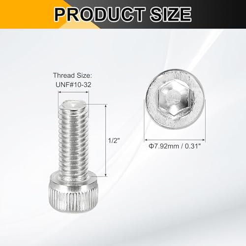 PATIKIL #10-32 x 1/2" Socket Head Cap Screws Bolts, 20Pcs 304 Stainless Steel Hex Head Metric Screws for Door Road Bicycle Mountain Bike Auto Ship Communication Equipment, Silver - size: 1/2 inch