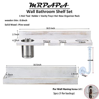 Wall Mount Hair Tool Organizer, 2 Tier Rustic Wooden Blow Dryer Holder - color: White