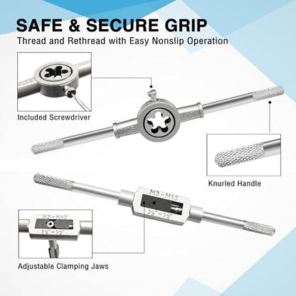 GMTOOLS 80pcs Tap and Die Set, SAE and Metric Tap Die Wrench Set, Metric Standard M3 to M12 Coarse Fine Rethreading Threads Bits for Cutting External and Internal Threads, NC, NF, NPT Repair Tools - style: 80 pcs